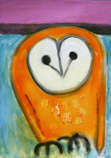 Orange Owl on Mauve and Blue