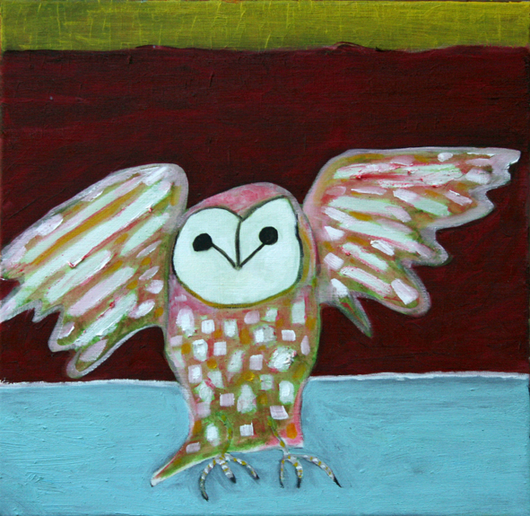 Little owl on yellow crimson and blue