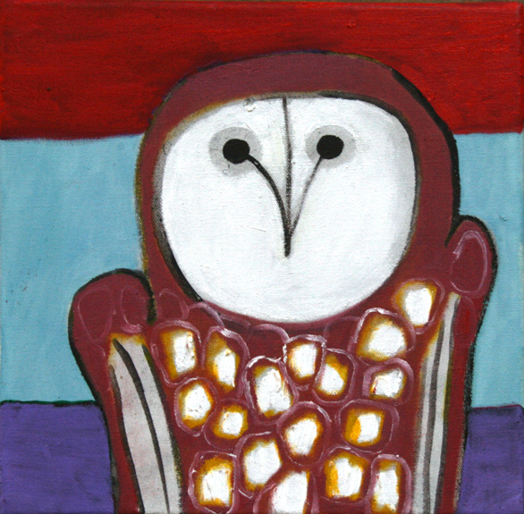 Owl on red blue and mauve